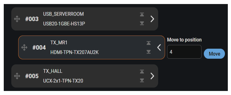 A dark interface panel displays an entry labeled #005 with the text TX_HALL and UCX-2x1-TPN-TX20 below it.

Description generated by AI