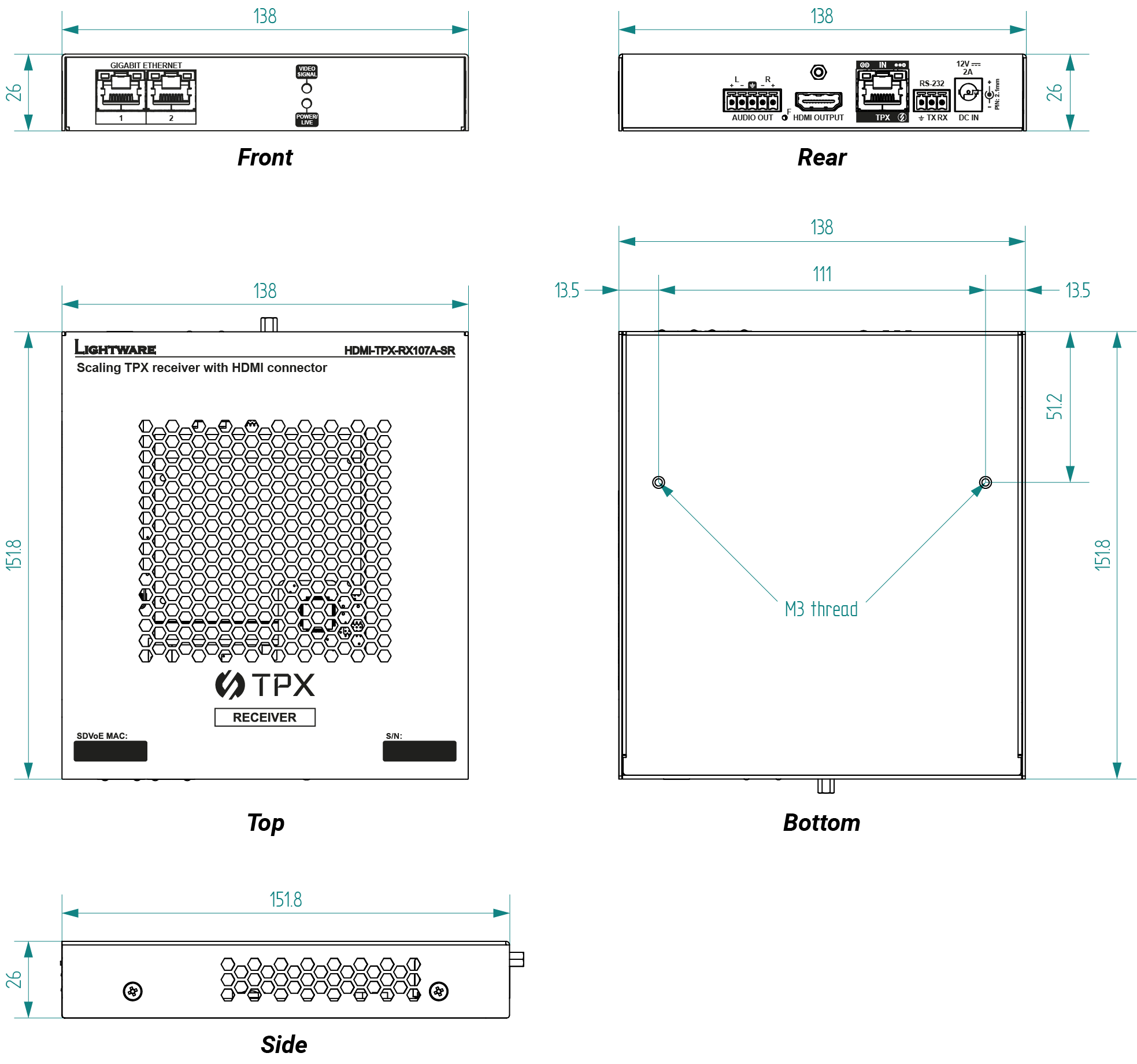 A series of diagrams showing the dimensions of a device, including a top, bottom, and side view.

AI generated content