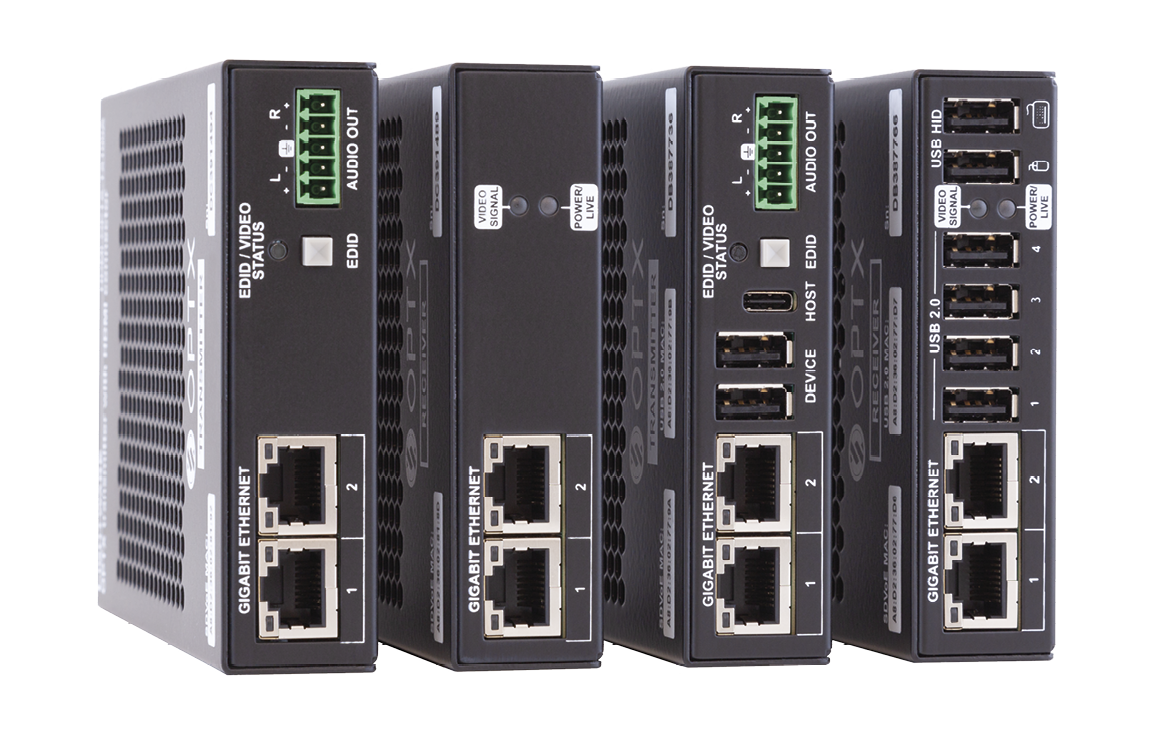 Four black boxes with ports on the front.
AI generated content